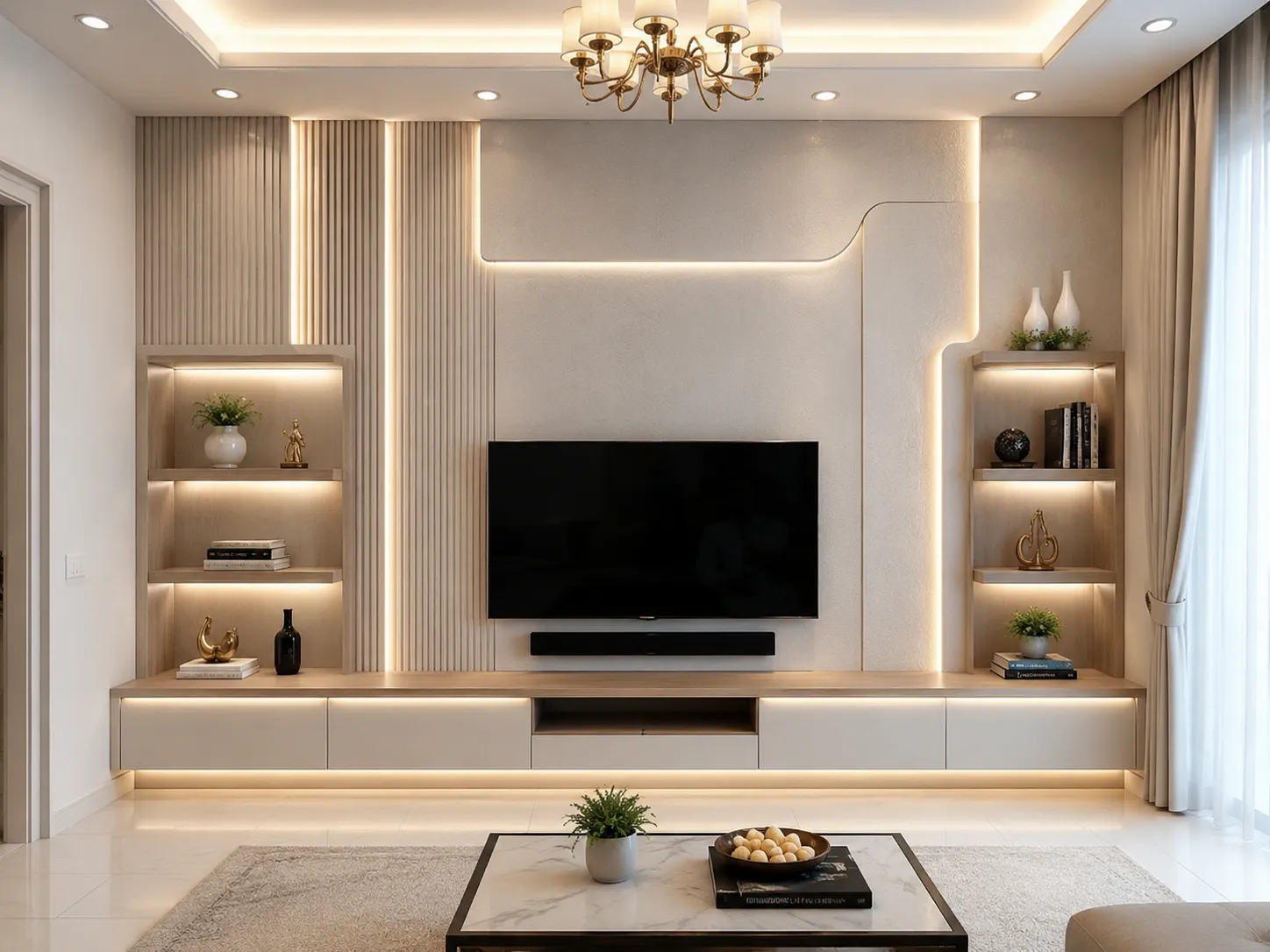 ديكور تلفزيون جبس بورد في الدمام بتصميم حديث بديل الخشب والرخام مع إضاءة مخفية